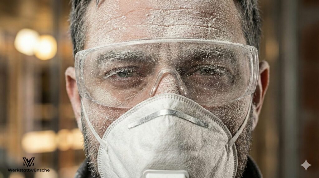 Nahaufnahme des Gesichts eines Handwerkers der eine Schutzbrille und eine Staubschutzmaske trägt. Das Gesicht ist voller Bohrstaub.