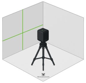 Schematische Darstellung eines einfachen Kreuzlinienlaser mit einer nur nach vorne gerichteten horizontalen und vertikalen Linie