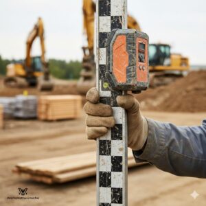 Eine Hand hält auf einer Baustelle eine karierte Messlatte, auf der ein Laserempfänger angebracht ist.