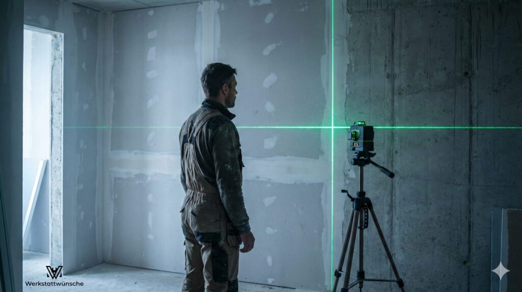 Ein Handwerker steht auf einer dunklen Baustelle neben einem Kreuzlinienlaser. Der Kreuzlinienlaser wirft eine horizontale und eine vertikale grüne Linie auf die Wand