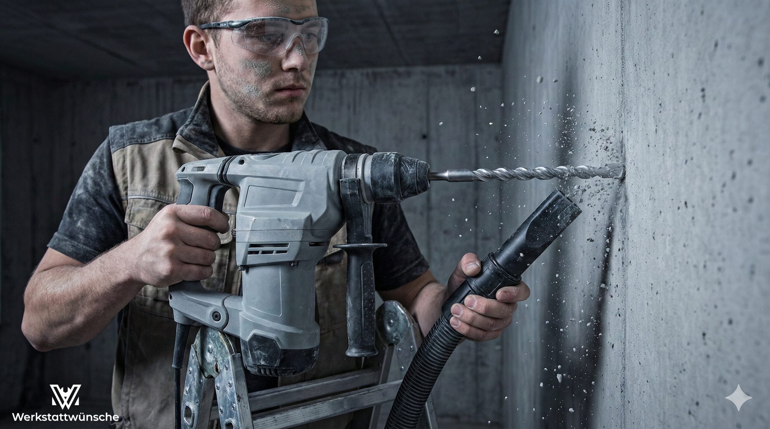 Ein Handwerker steht auf einer Leiter und bohrt einhändig mit einem Bohrhammer ein Loch in eine Betonwand. Mit der anderen Hand hält er eine Saugdüse und fängt dan anfallenden Bohrstaub auf.