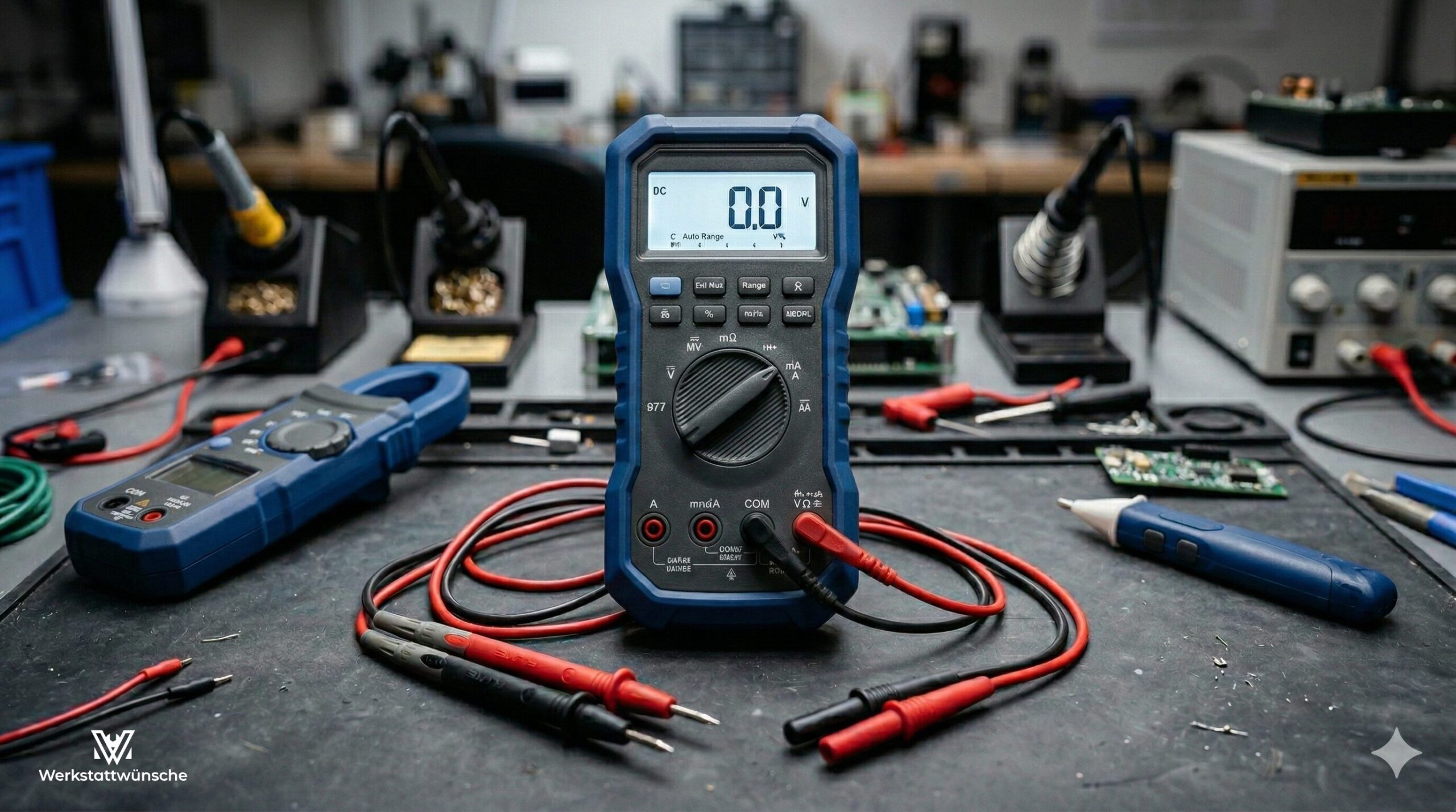 Ein digitales Multimeters samt Messspitzen steht auf einer Werkbank. Daneben eine Stromzange und weitere Werkzeuge für Elektronik.