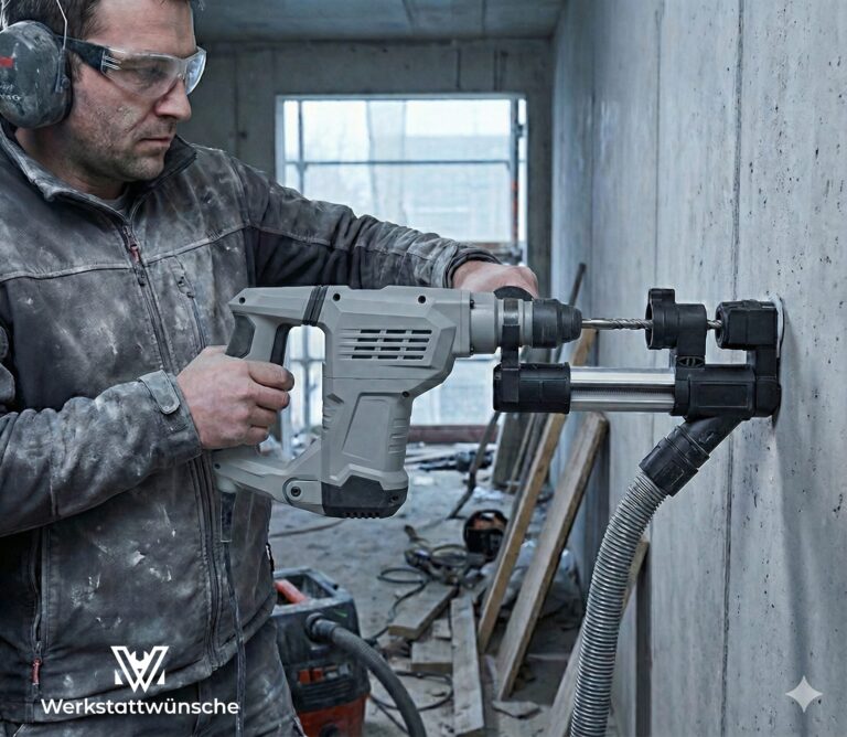 Ein Handwerker bohrt mit einem Bohrhammer ein Loch in eine Betonwand. Er verwendet einen Teleskopaufsatz zur Absaugung des Bohrstaubs.