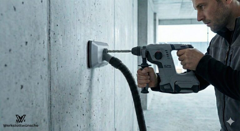 Ein Handwerker bohrt mit einem Akku-Bohrhammer ein Loch in eine Betonwand. Er verwendet eine Vakuum-Absaugung für Bohrstaub.