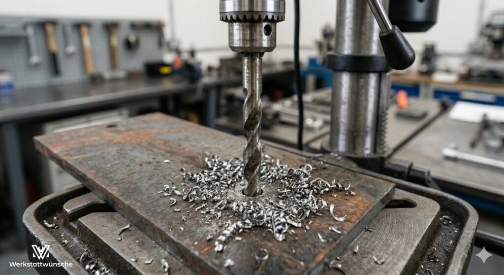 Metallbohrer in einer Tischbohrmaschine dringt in eine Metallplatte ein und verursacht Matallspähne